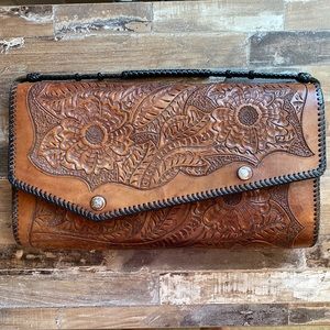 Vintage Tooled leather handbag clutch